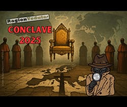 Conclave 2025: Chi sarà il nuovo papa? Analisi geopolitica Trono papale sospeso sopra una mappa dell’Europa con l’ombra di una croce, circondato da cardinali senza volto e dalle sagome sfumate di Africa e Asia sullo sfondo, in una scena allegorica del Conclave 2025.