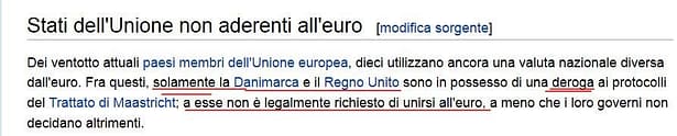 Screenshot su Wikipedia deroghe privilegiate su adesioni all'Euro
