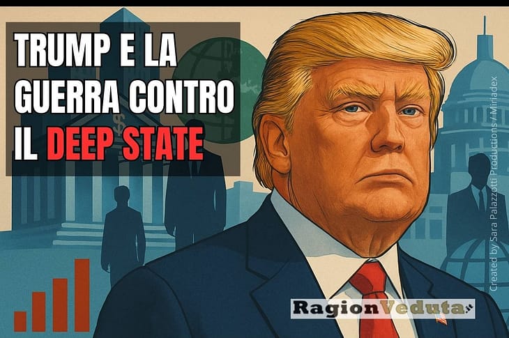 Donald Trump davanti a simboli di potere economico e istituzionale - Ragionveduta.it