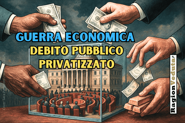 Illustrazione concettuale di un Parlamento incapsulato in una teca di vetro, circondato da mani straniere che offrono denaro e lingotti d’oro, simbolo del ricatto economico e della perdita di sovranità.