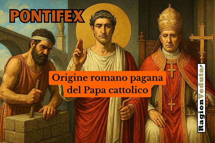 Illustrazione allegorica dell'evoluzione del pontefice: da ingegnere romano a pontefice massimo pagano fino al papa cristiano, con simboli di potere, religione e continuità istituzionale.