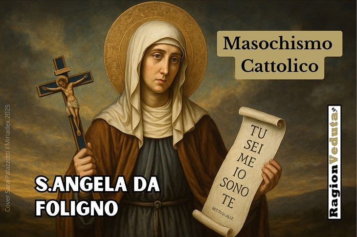 Ritratto allegorico di Santa Angela da Foligno con crocifisso e rotolo con la scritta “Tu sei me, io sono te” su sfondo mistico