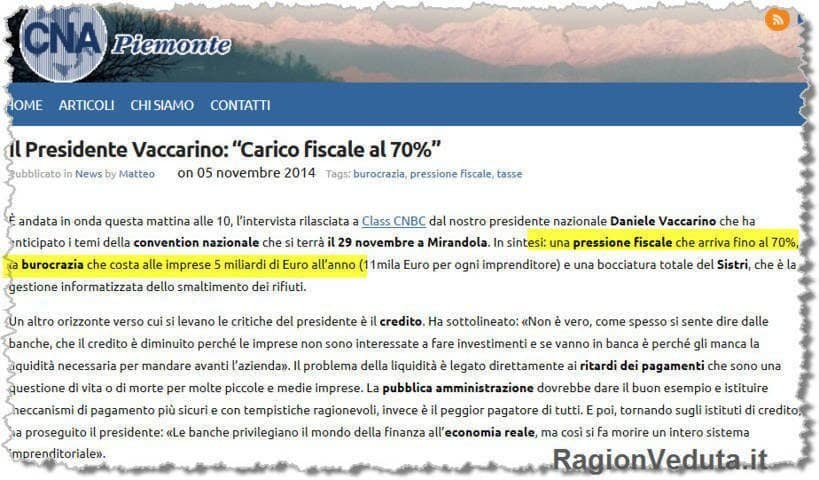 CNA pressione fiscale 70 per cento