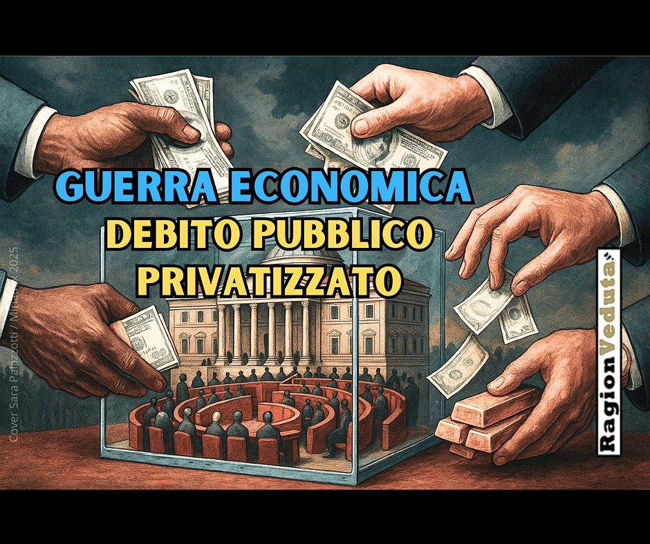 Illustrazione concettuale di un Parlamento incapsulato in una teca di vetro, circondato da mani straniere che offrono denaro e lingotti d’oro, simbolo del ricatto economico e della perdita di sovranità.