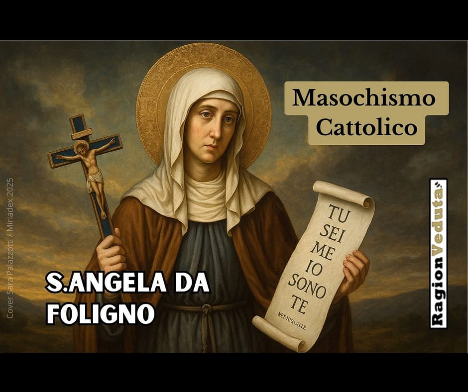 Ritratto allegorico di Santa Angela da Foligno con crocifisso e rotolo con la scritta “Tu sei me, io sono te” su sfondo mistico